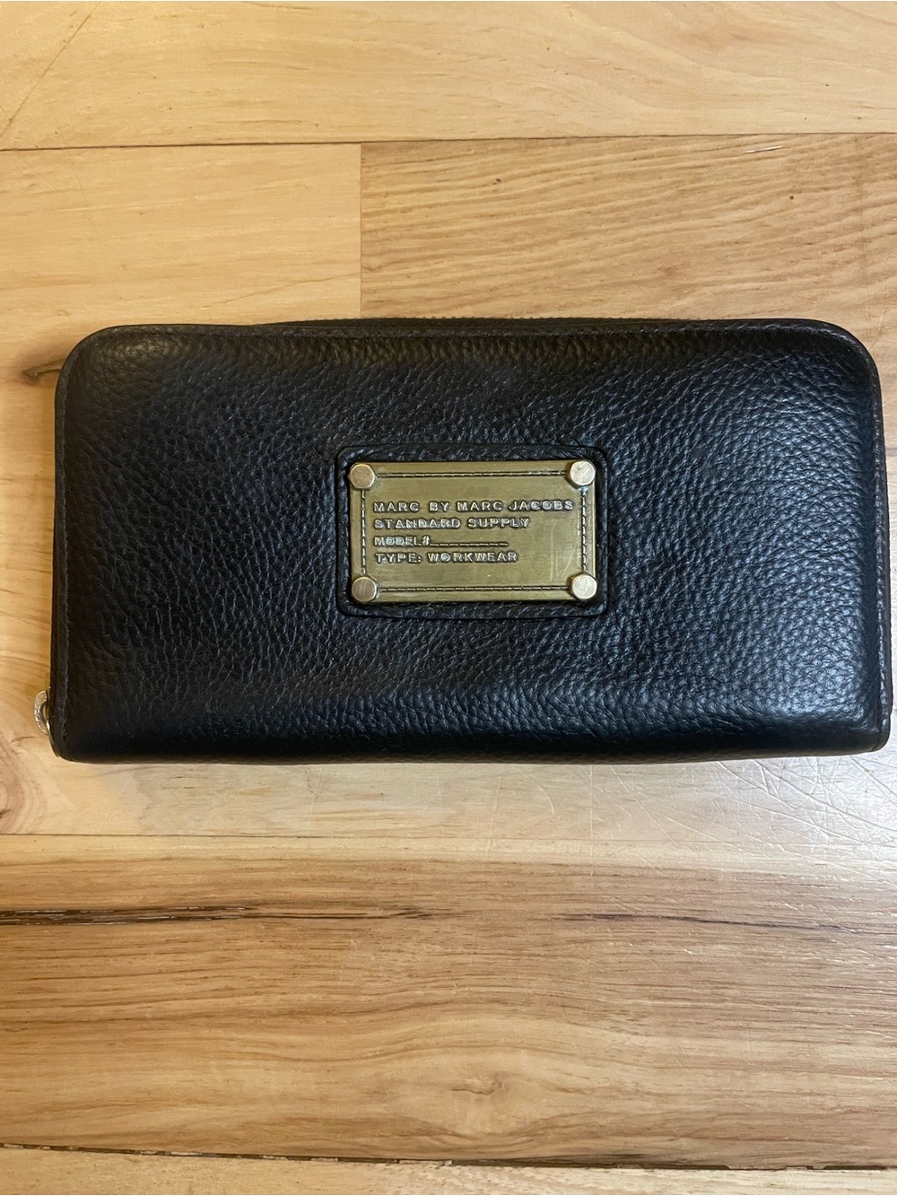 Marc By Marc Jacobs Black Leather Zip-Around Wallet with Gold Plaque